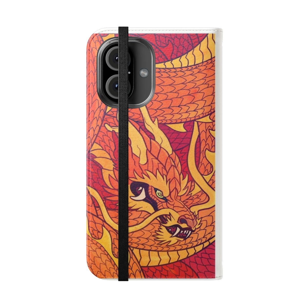 A red, coiled dragon-themed flip cover phone case with a fantasy design. - Folded Front