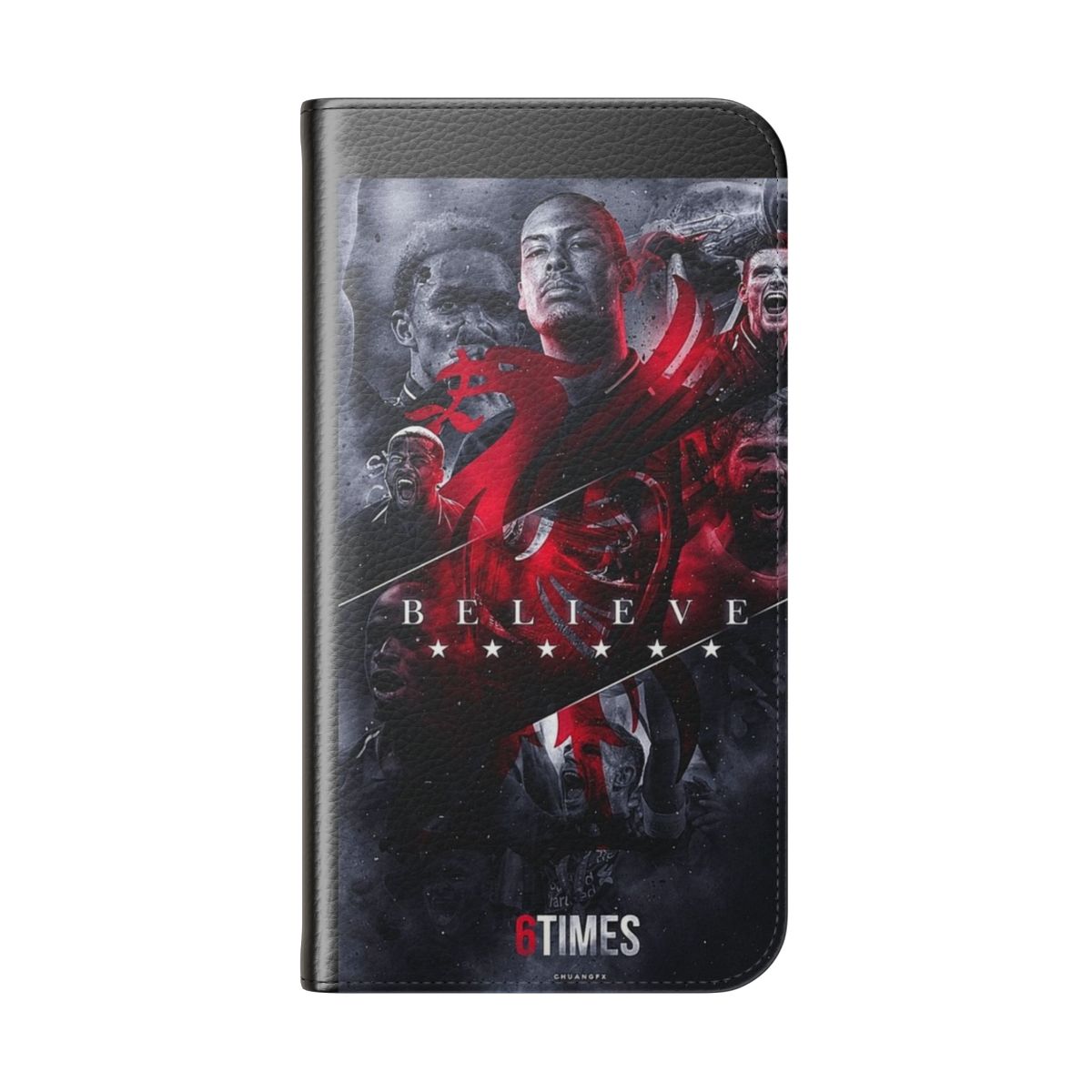 Protective phone case featuring the Liverpool FC "6 times" slogan and players - Folded Back