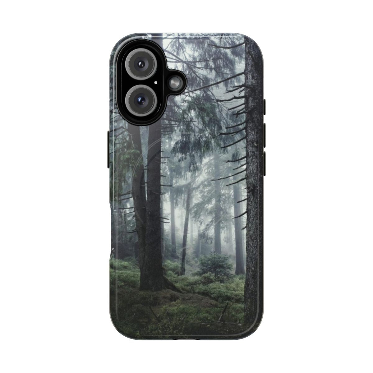 A phone case featuring a misty, retro-inspired forest landscape with trees covered in blue fog.