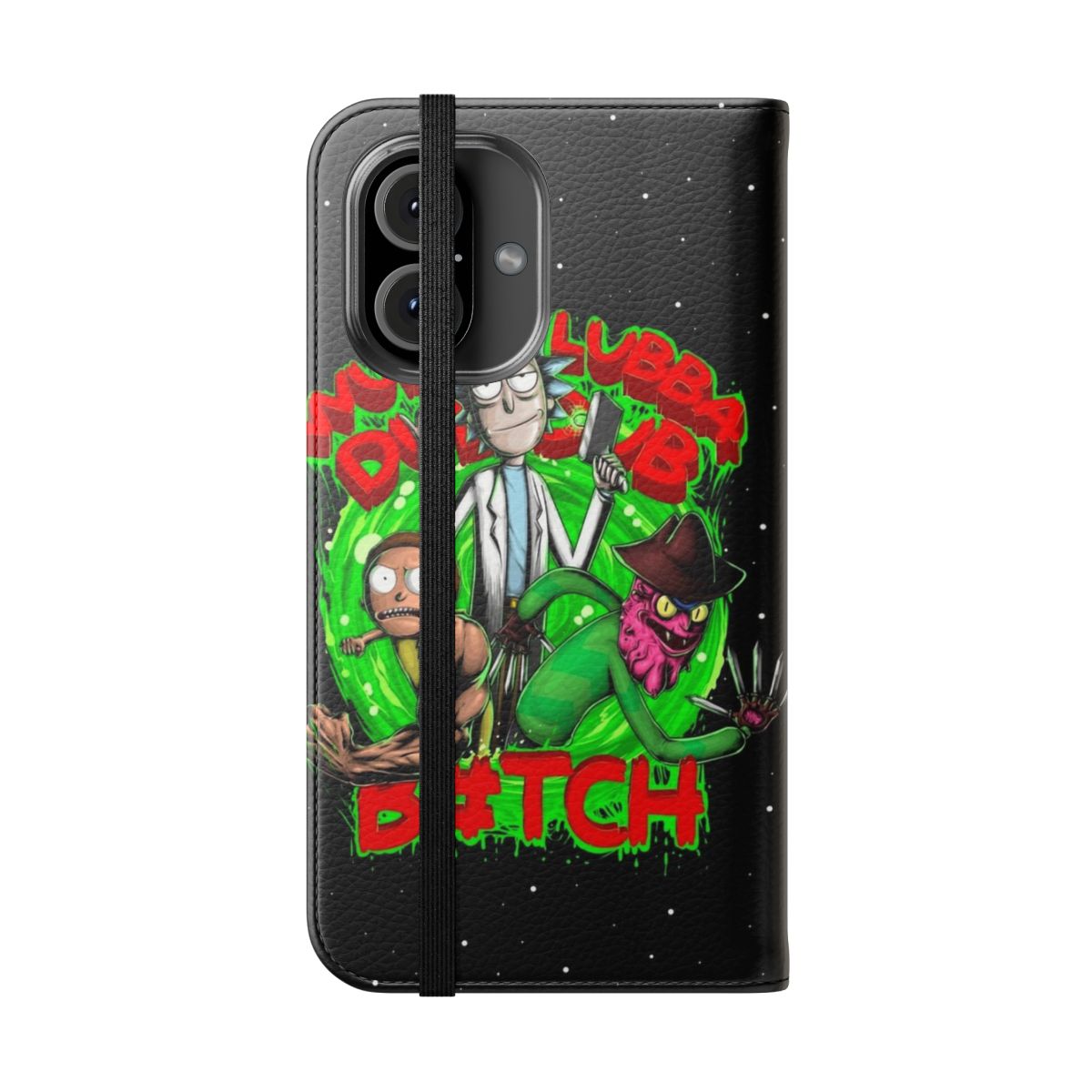 A flip cover phone case featuring characters from the popular adult cartoon series Rick and Morty, including Rick Sanchez, Morty Smith, and the character Terry. - Folded Front