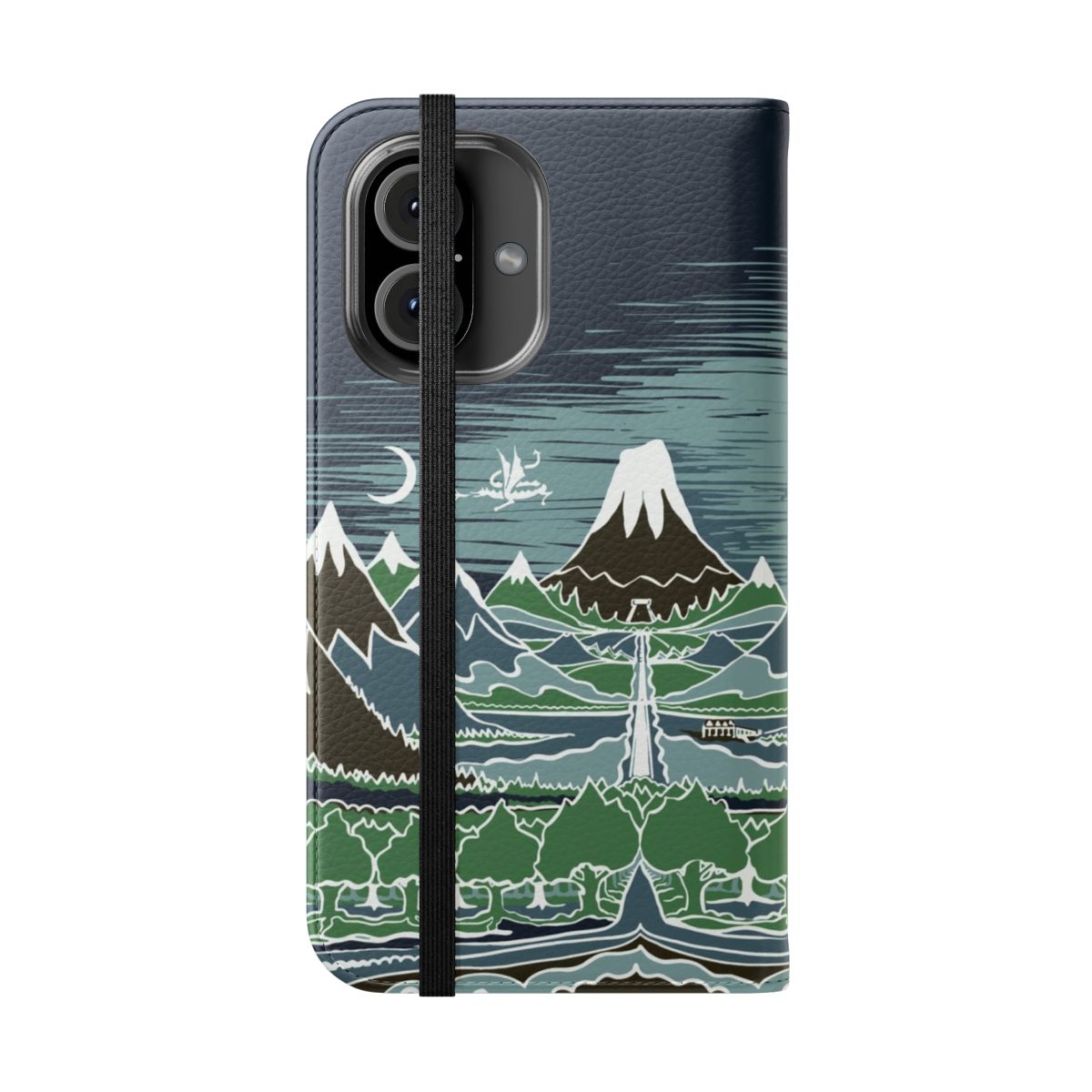 Flip phone case featuring a fantasy landscape inspired by J.R.R. Tolkien's The Hobbit and Lord of the Rings. - Folded Front