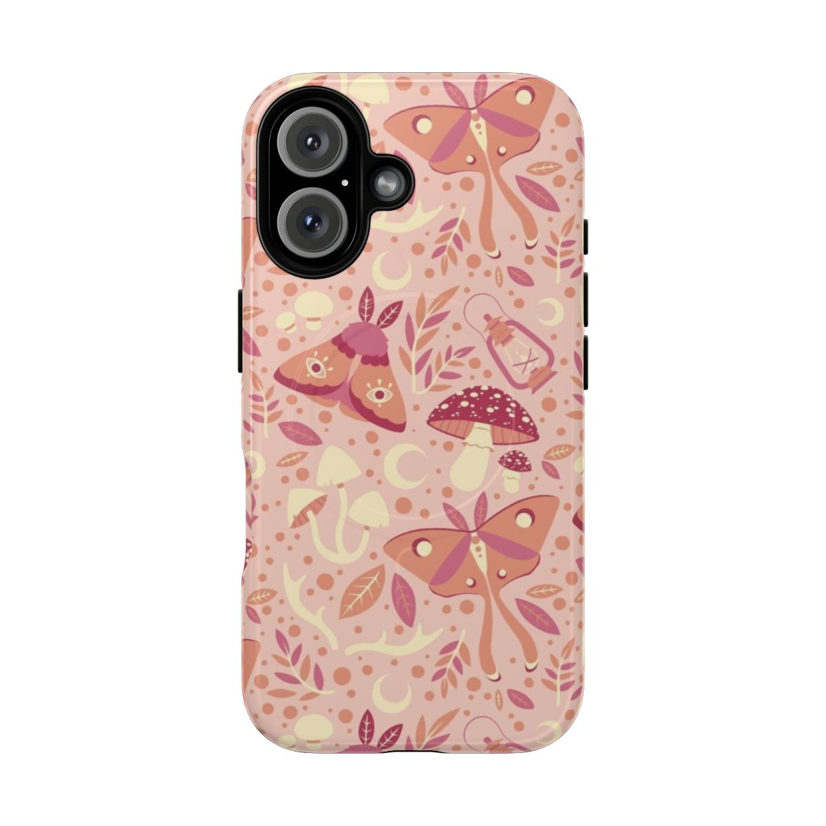 Pink phone case with a mystical, nature-inspired design featuring moths, mushrooms, and other forest elements.