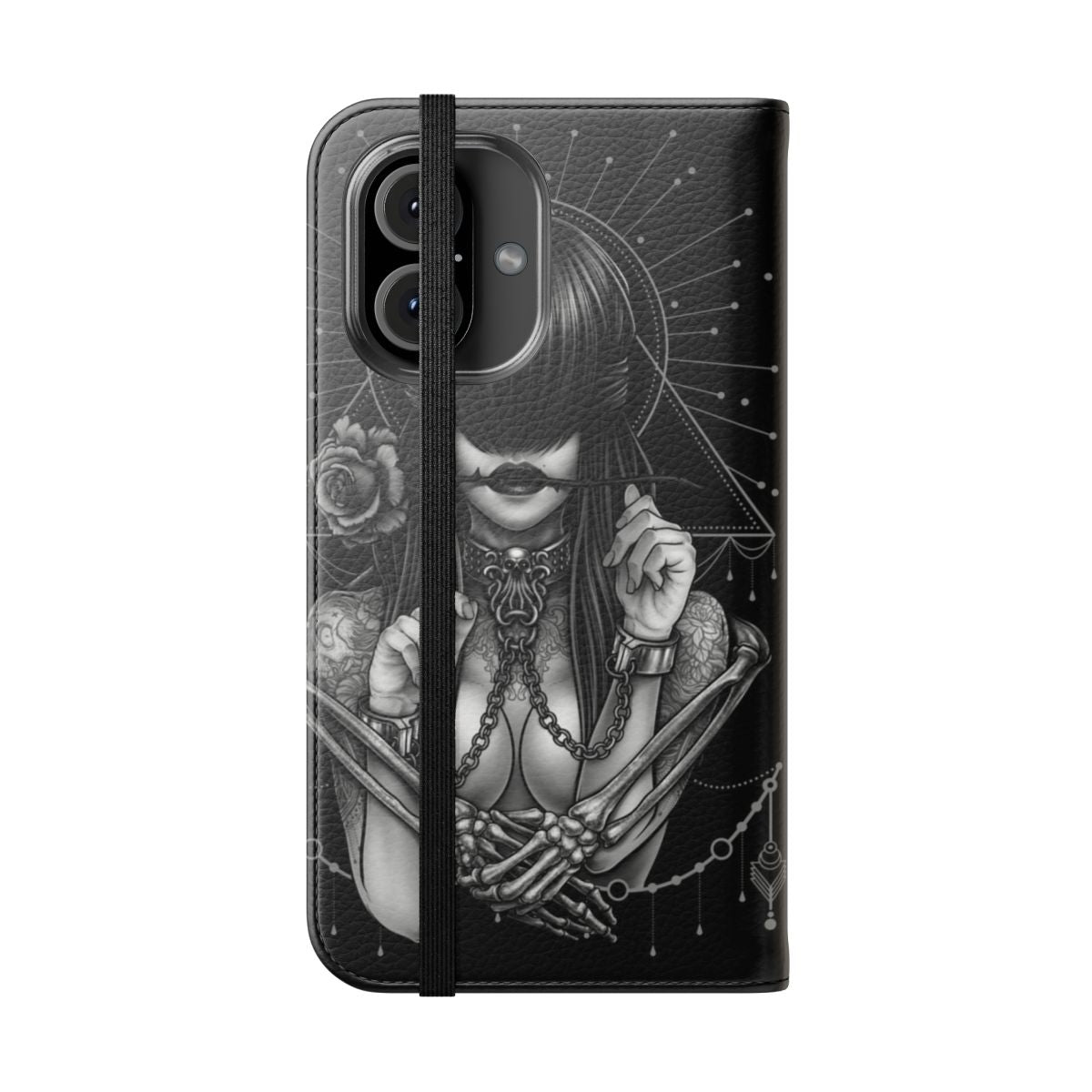 Black and white "See No Evil" flip phone case with neo-traditional tattoo-inspired design - Folded Front