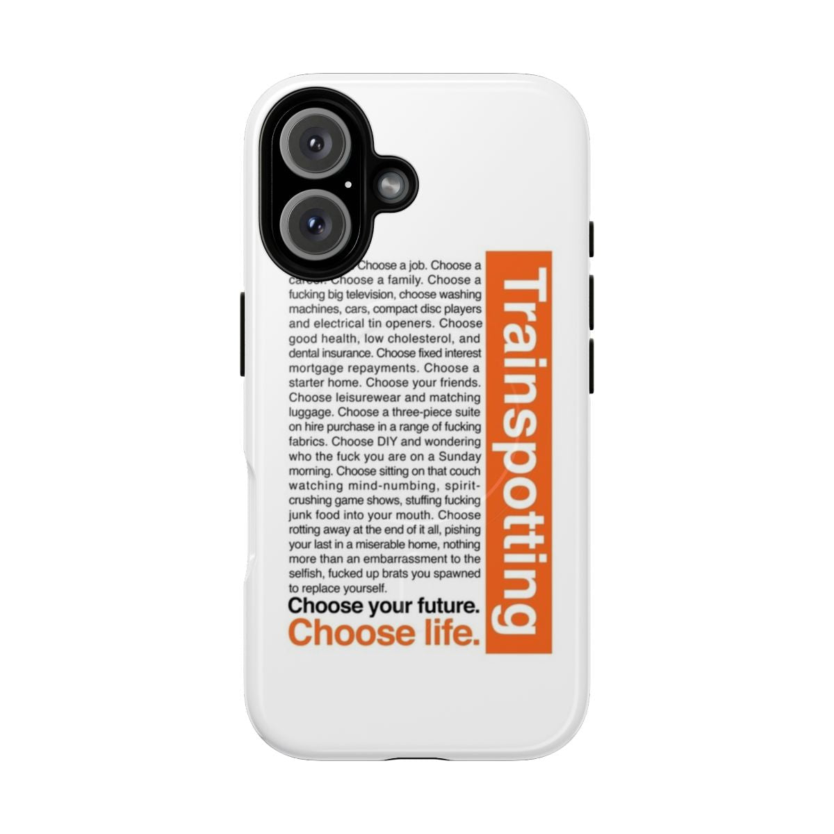 Trainspotting-inspired magnetic tough phone case featuring the iconic "Choose Life" slogan