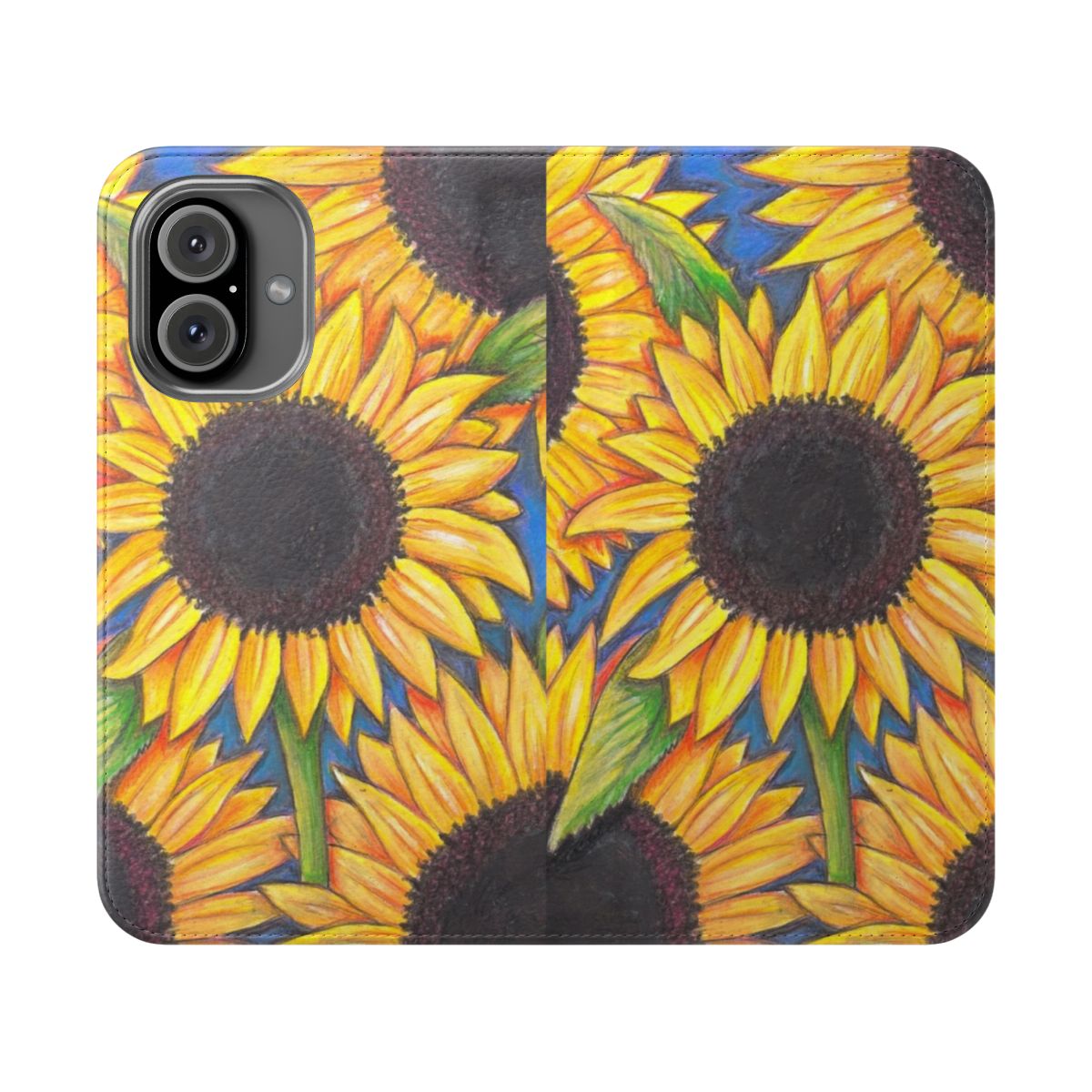 A colorful flip phone case featuring a stunning sunflower design.