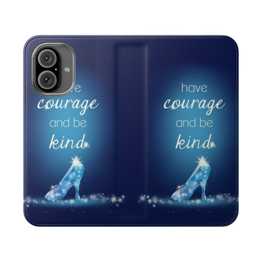 Flip cover phone case with gold typography "Have Courage" against a neutral background.