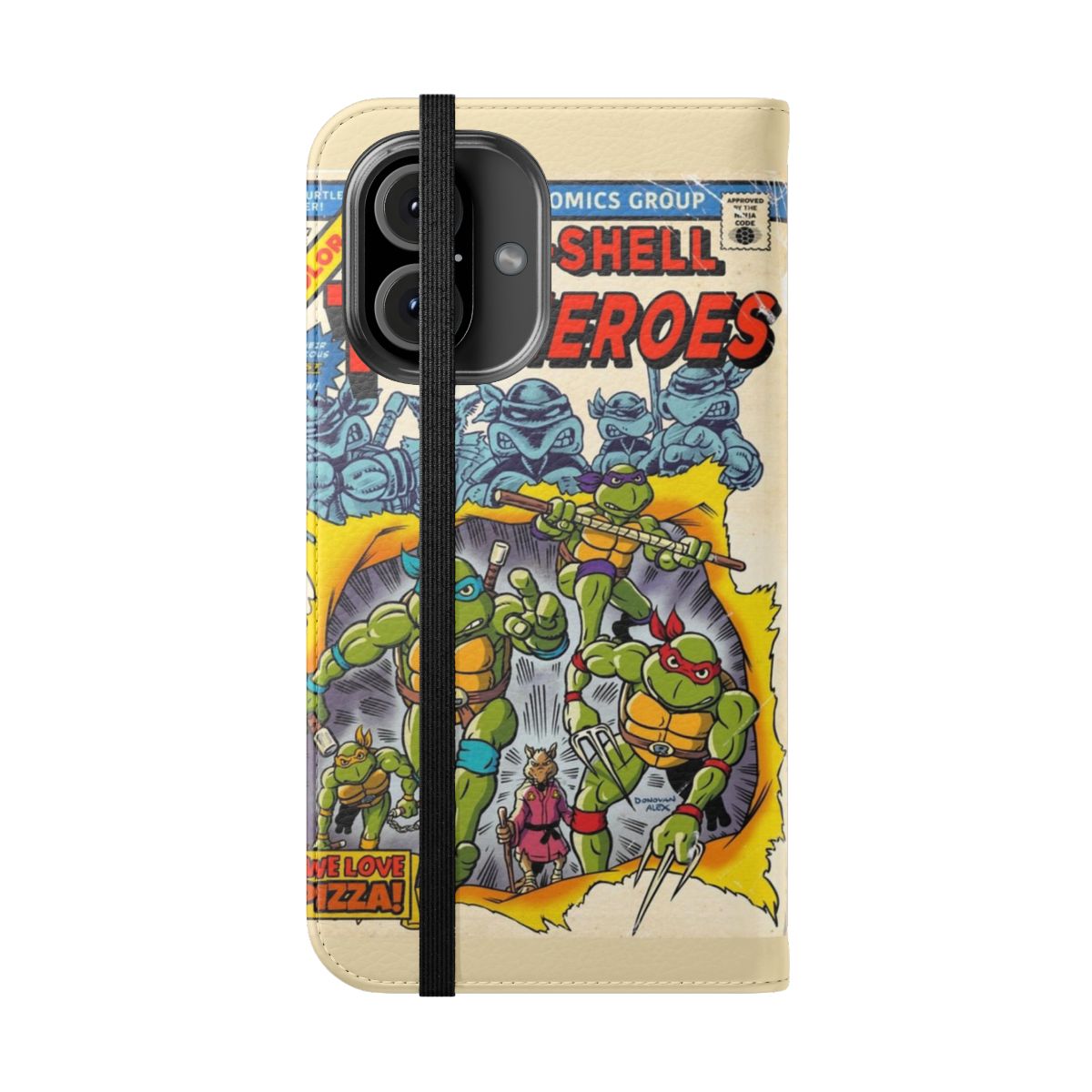 Retro-style phone case featuring the classic Teenage Mutant Ninja Turtles characters - Folded Front