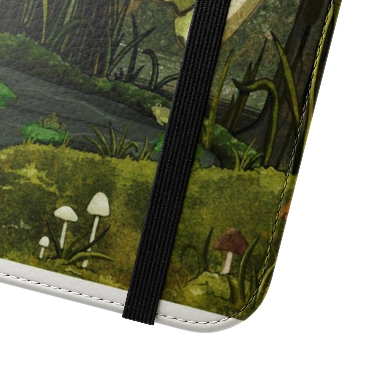 Illustration of a frog prince on a phone case with a swampy, moss-covered landscape - Close Up