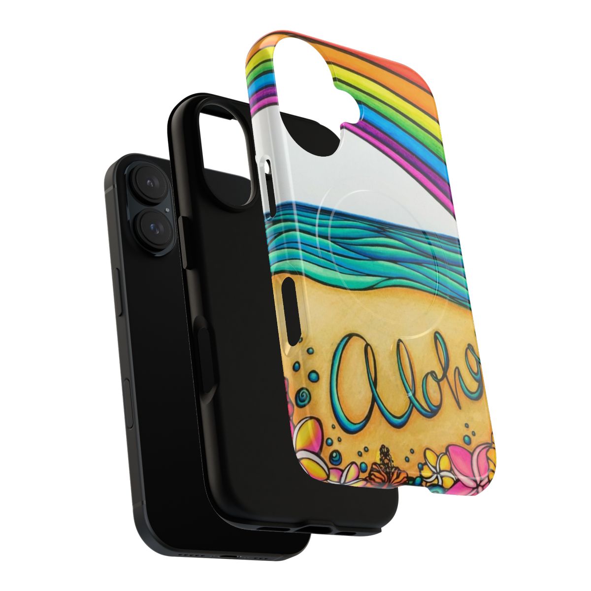 Vibrant tropical Hawaii-inspired magnetic tough phone case with ocean, rainbows, and floral designs. - Layers