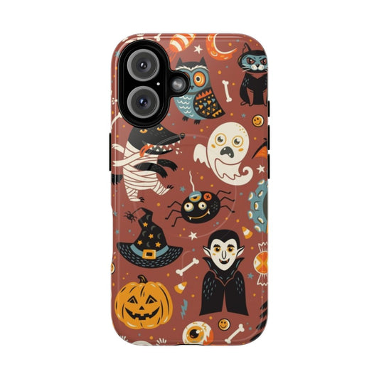 Spooky Halloween phone case with a seamless vector pattern of black monsters and treats