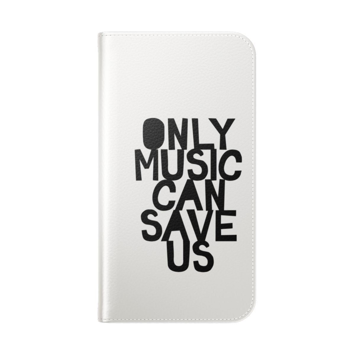 A flip cover phone case with a hand-drawn music-themed graphic design. - Folded Back