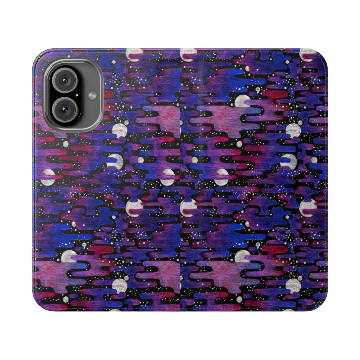 Flip phone case featuring a colorful cosmic pattern with planets, stars and galaxy elements.