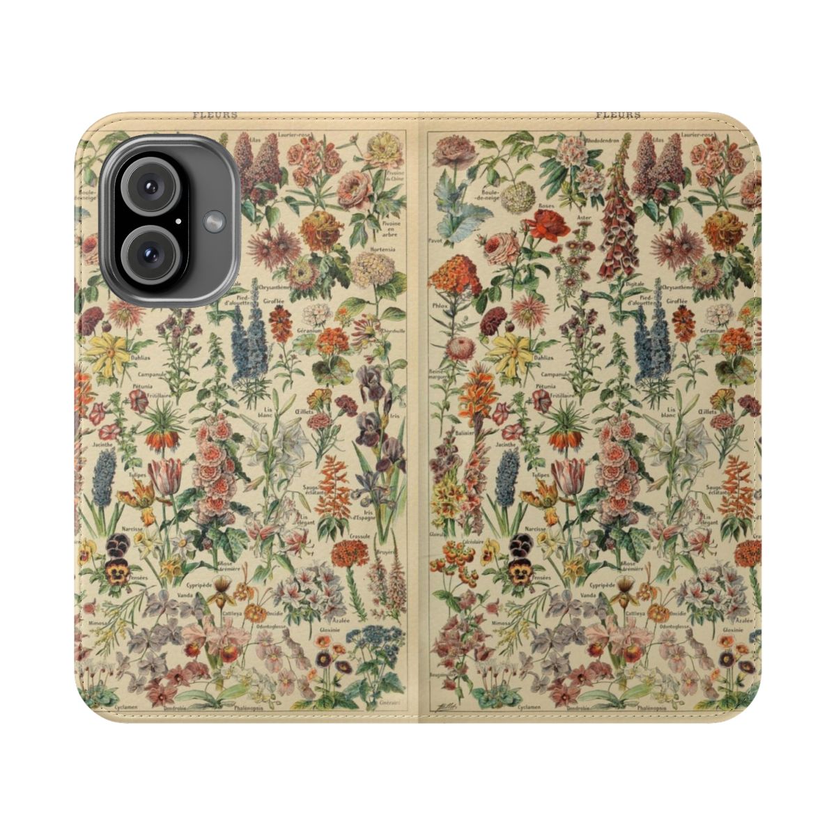 Vintage flower poster design on a phone case with botanical leaves and nature inspired florals.