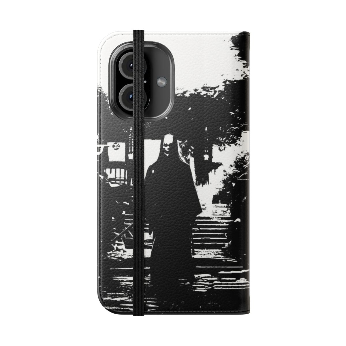 Flip phone case featuring a dramatic black and white silhouette of a samurai warrior in a minimalist, mystical design. - Folded Front