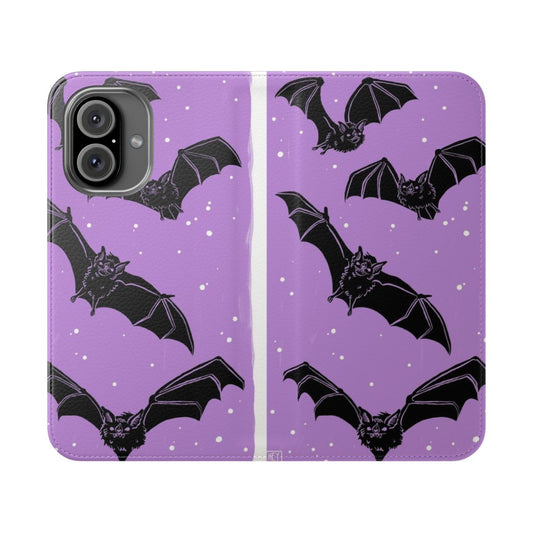 Violet flip cover phone case featuring a gothic design with bats and stars against a night sky