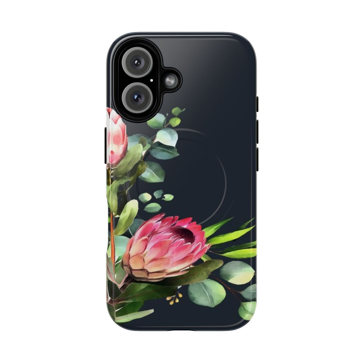 Phone case featuring a modern floral design with pink and blue native flowers