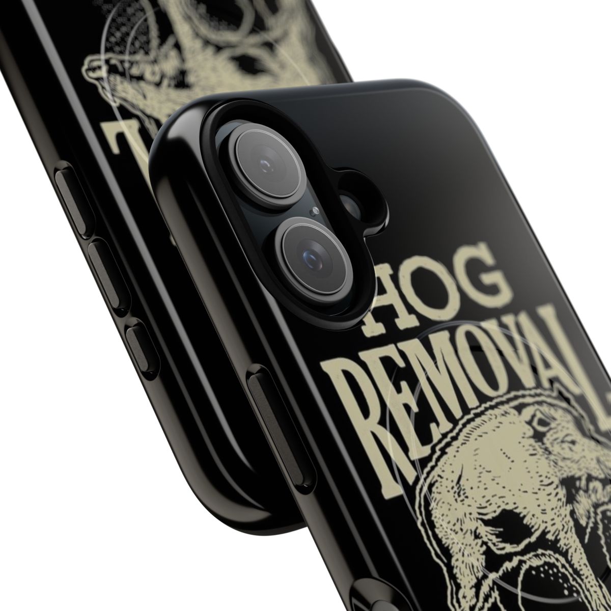 Magnetic tough phone case with vintage boar hunting and hog removal design - Detail