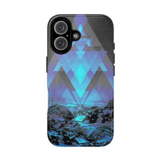 Geometric mountain phone case featuring a luminous, abstract landscape with minimalist design elements.