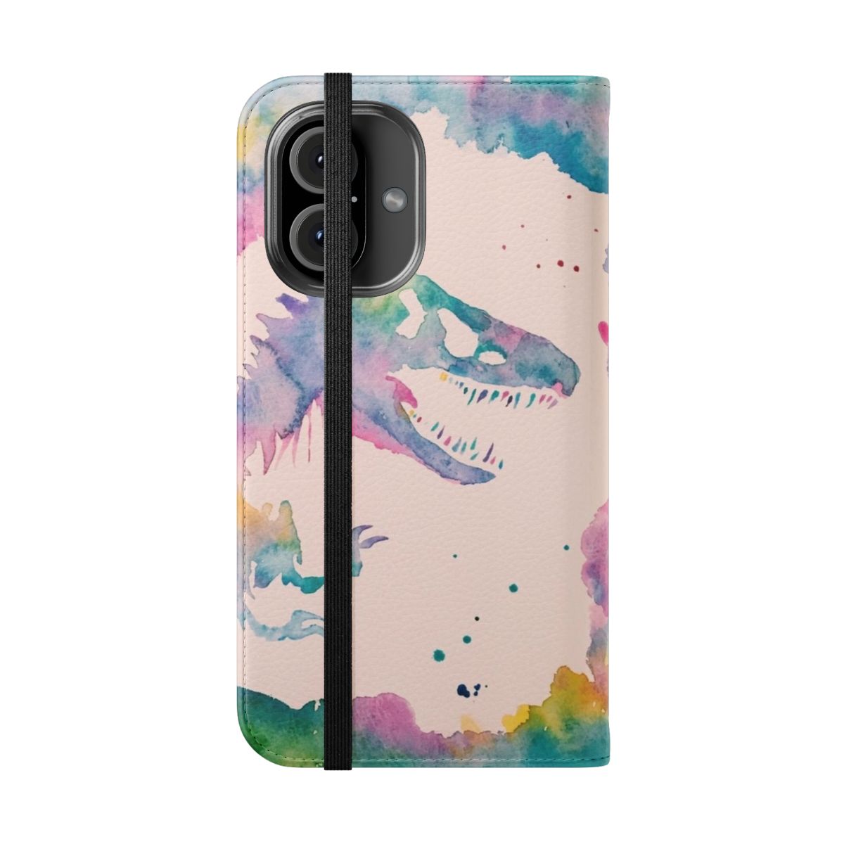 Colorful watercolor illustration of dinosaurs on a flip phone case - Folded Front