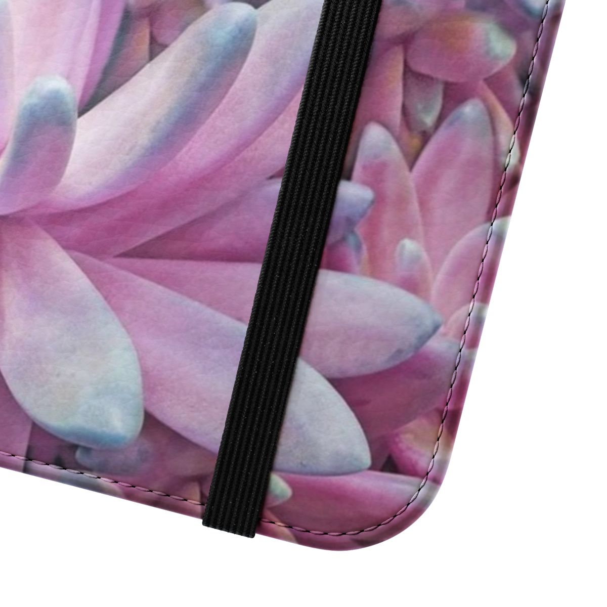 A stylish flip phone case featuring a vibrant display of succulents and plants. - Close Up