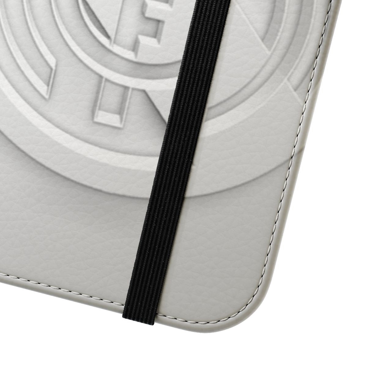 White flip cover phone case with a Madrid-inspired design - Close Up