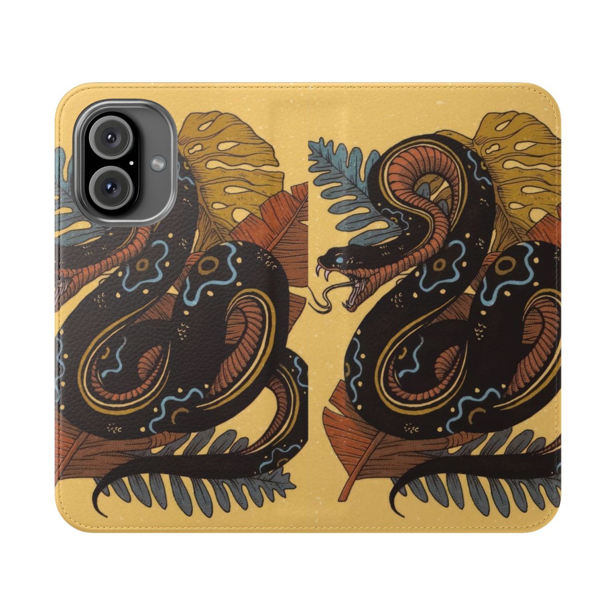 Handcrafted snake-themed flip cover phone case with a modern, artisanal design.