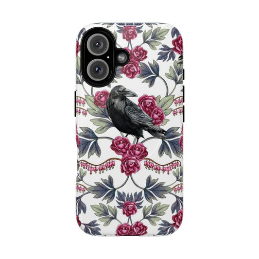 A phone case featuring a floral and botanical pattern with crows, bleeding hearts, and roses.