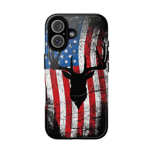 Magnetic tough phone case featuring a hunting deer design with American flag elements