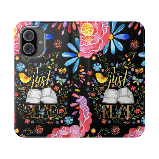 A stylish black floral flip cover phone case perfect for book lovers and reading enthusiasts.