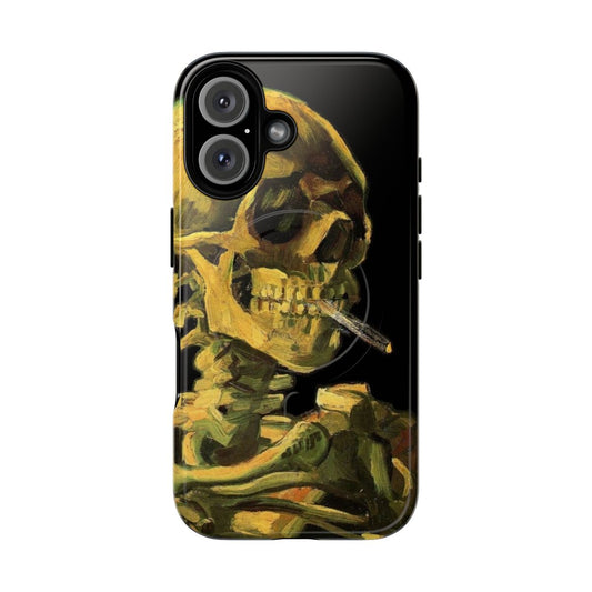 Artistic phone case featuring the "Skull of a Skeleton with Burning Cigarette" painting by Vincent van Gogh