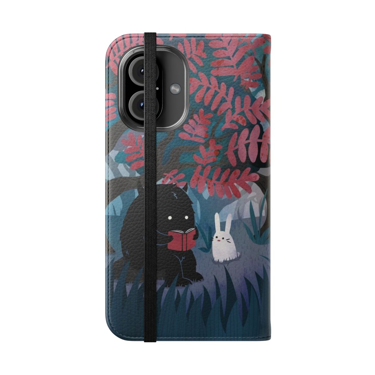 Flip cover phone case featuring a watercolor illustration of a quiet spot in the forest with a bunny and monster. - Folded Front