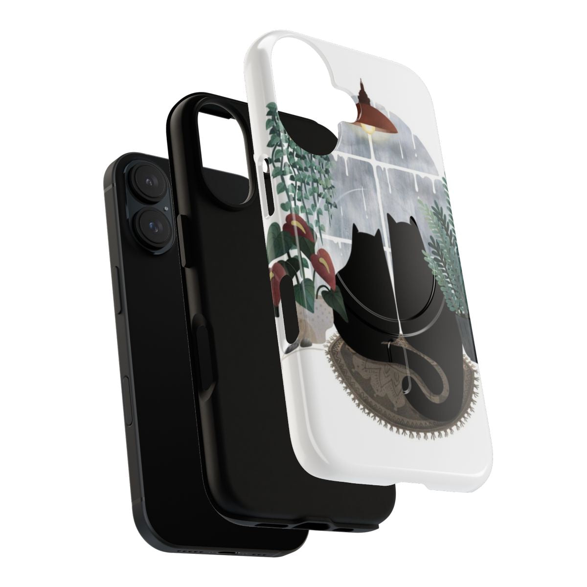 Rainy Day Cats Magnetic Tough Phone Case featuring a whimsical design with cats, plants, and nature motifs. - Layers