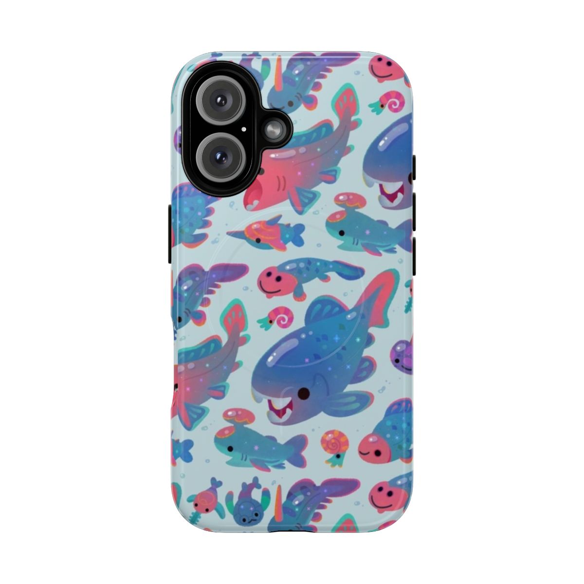 Pastel magnetic tough phone case with a design featuring a baby Devonian-era creature, including fossils, sharks, and other prehistoric life.