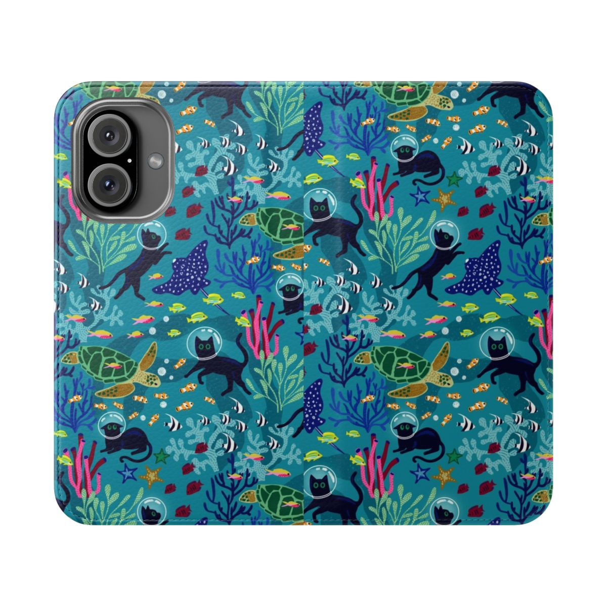 Colorful phone case cover featuring a pattern of cats exploring a coral reef underwater scene.