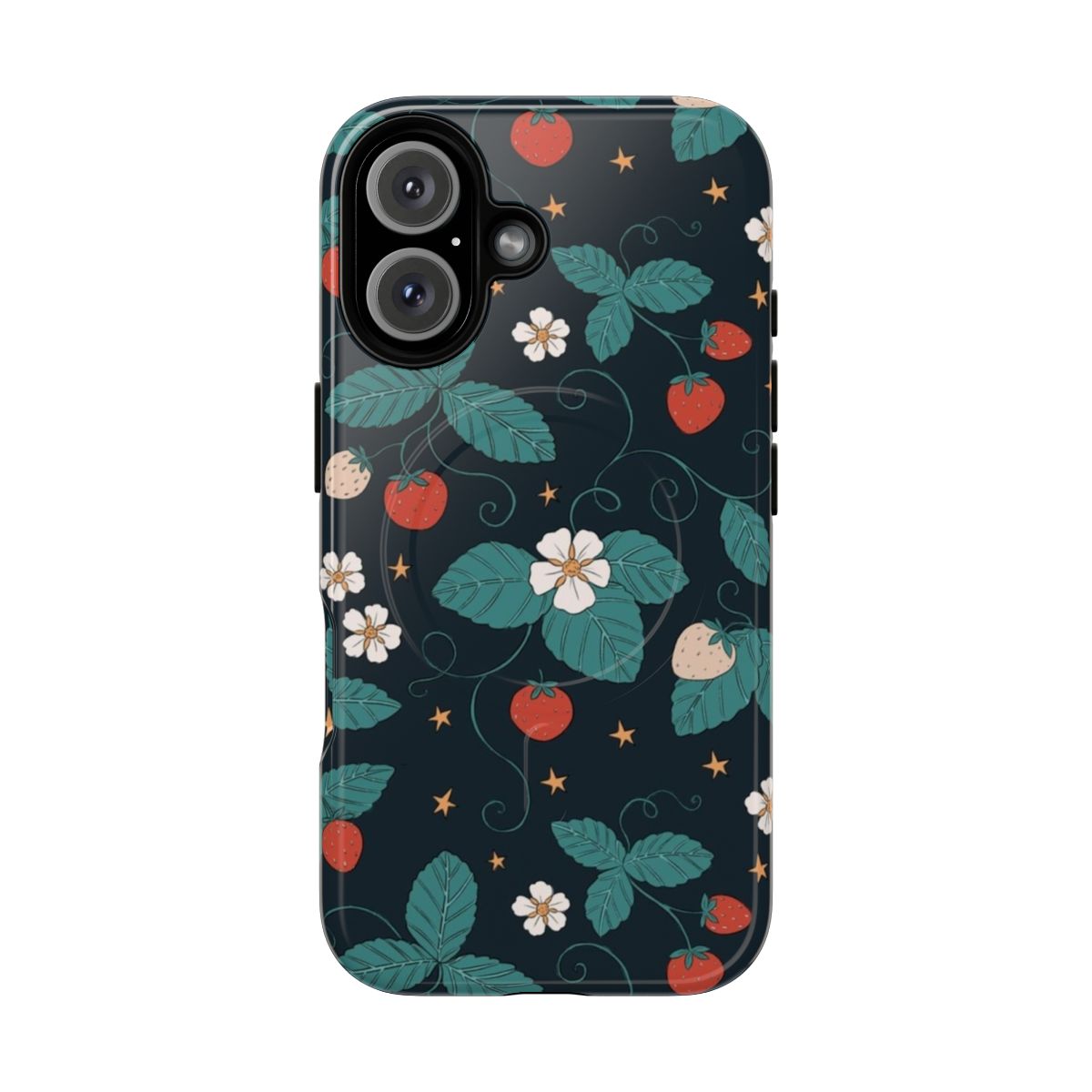 A dark and moody phone case featuring strawberries, leaves, and a starry night sky.