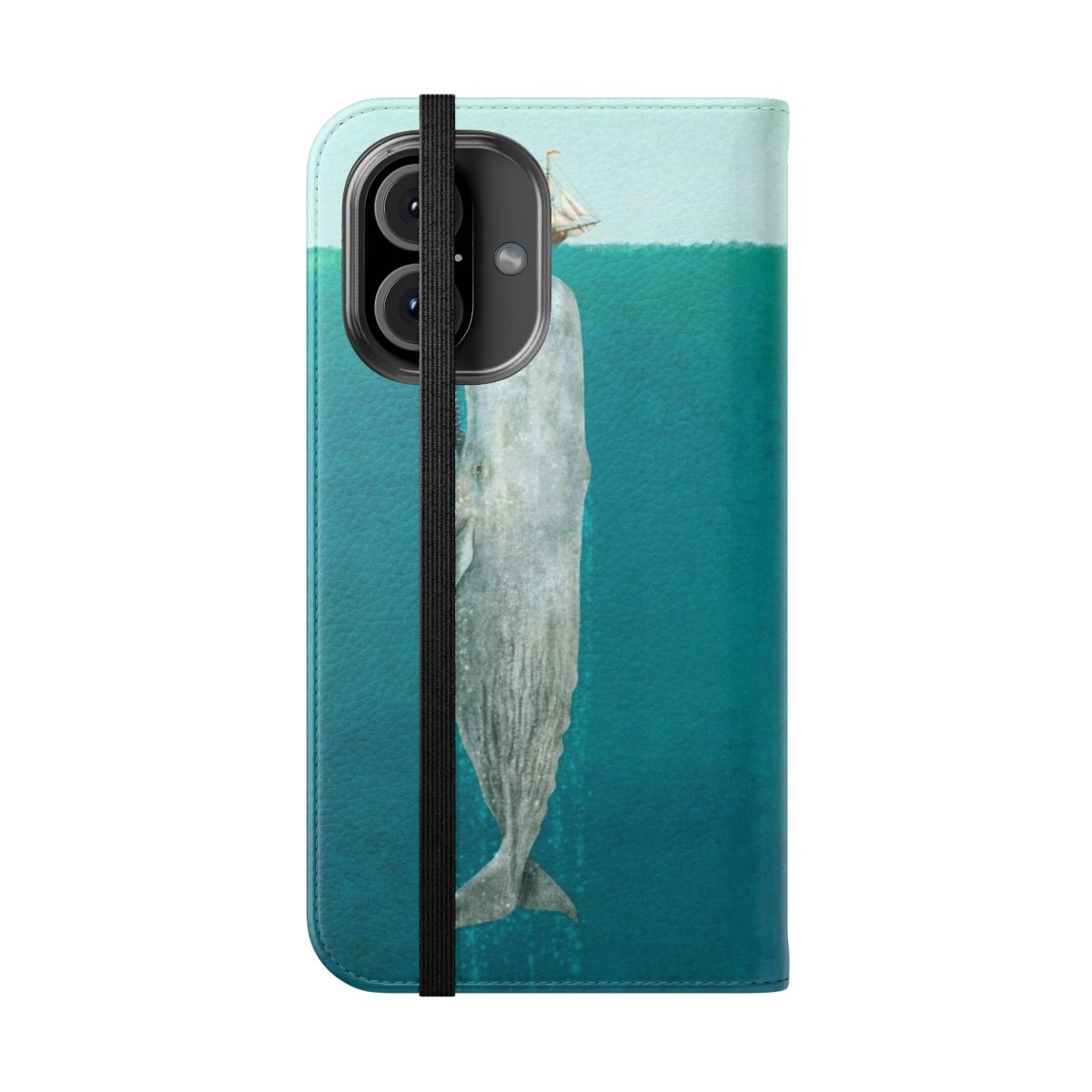 A flip cover phone case featuring a detailed digital illustration of a sperm whale against a blue ocean background with a tall ship in the distance. - Folded Front