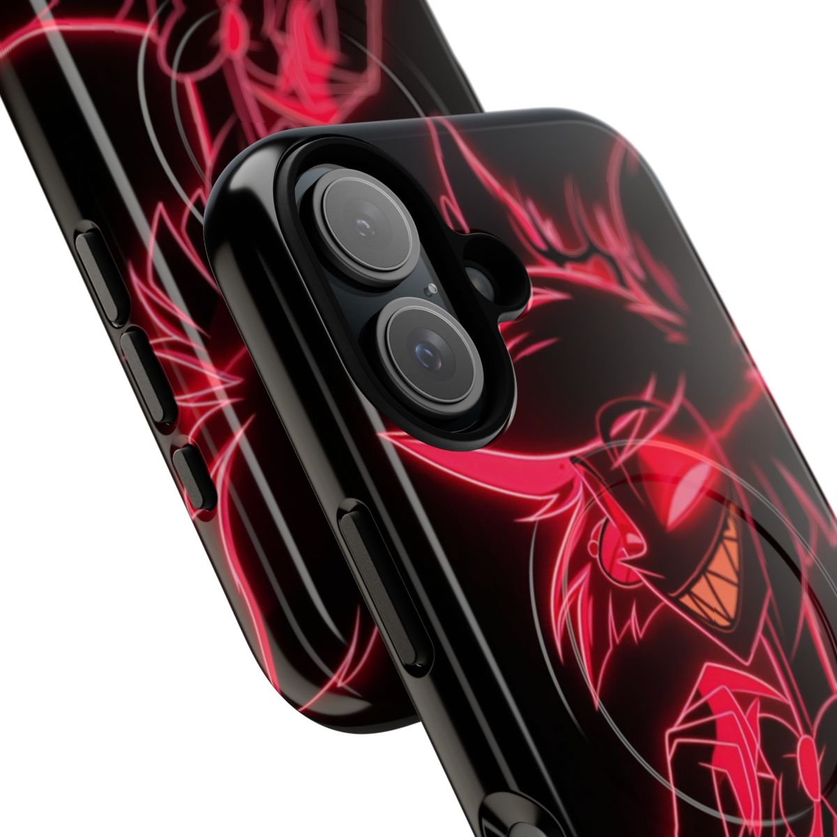 Vibrant neon magnetic phone case with Alastor, the Radio Demon, from Hazbin Hotel - Detail