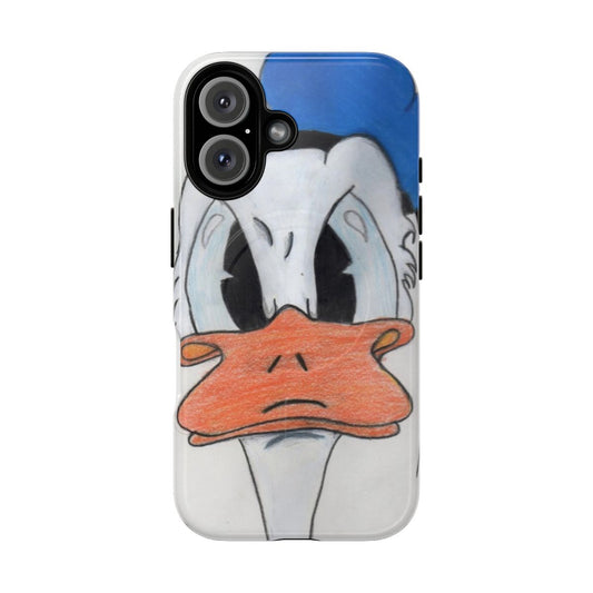 A magnetic tough phone case featuring a drawing of the Disney character Donald Duck.