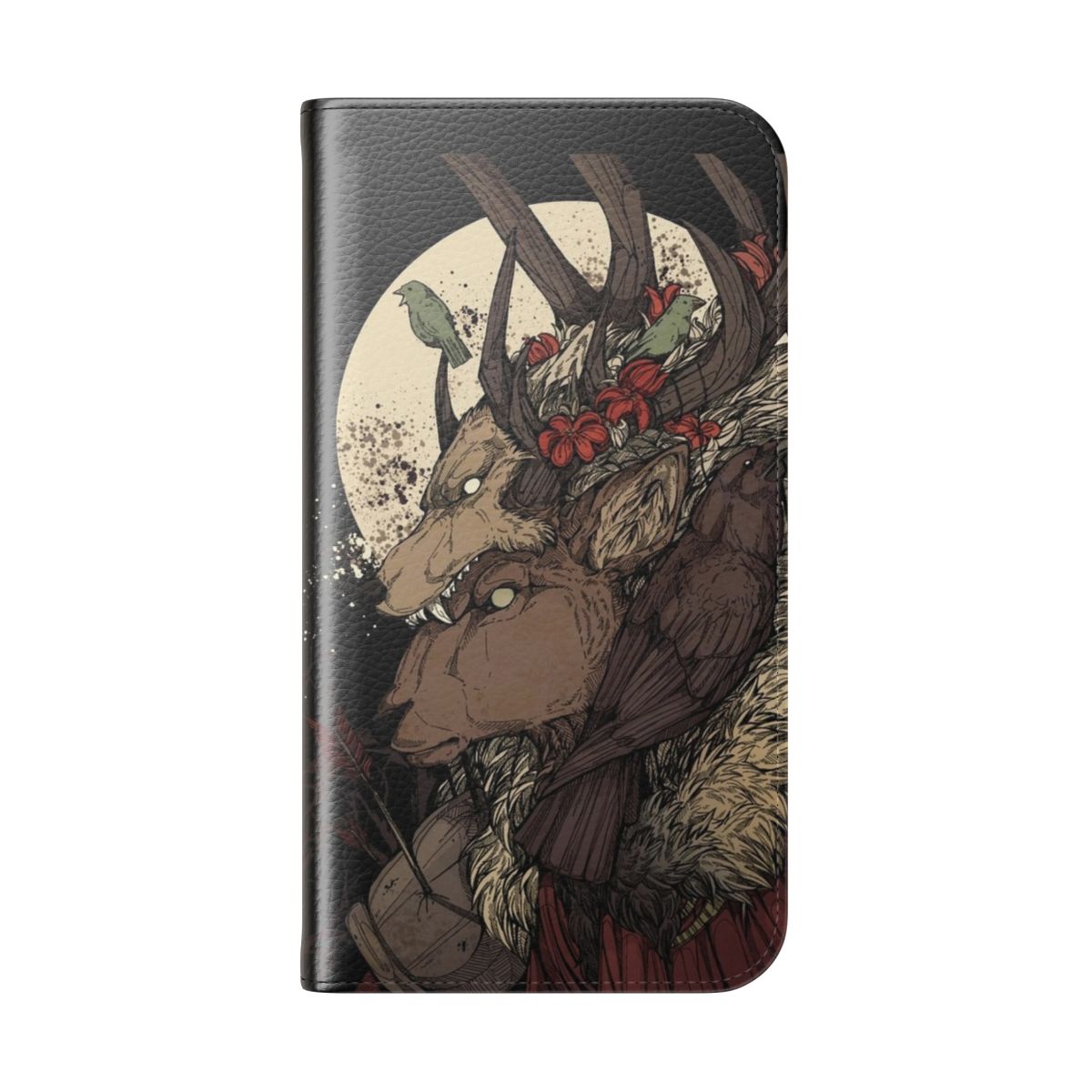 Artistic ink drawings of wildlife animals like elk, deer, stag, wolf, crow, and raven on a phone case - Folded Back