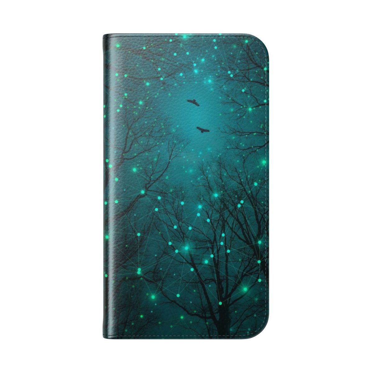 Teal and mint colored phone case with glowing geometric star and constellation patterns. - Folded Back