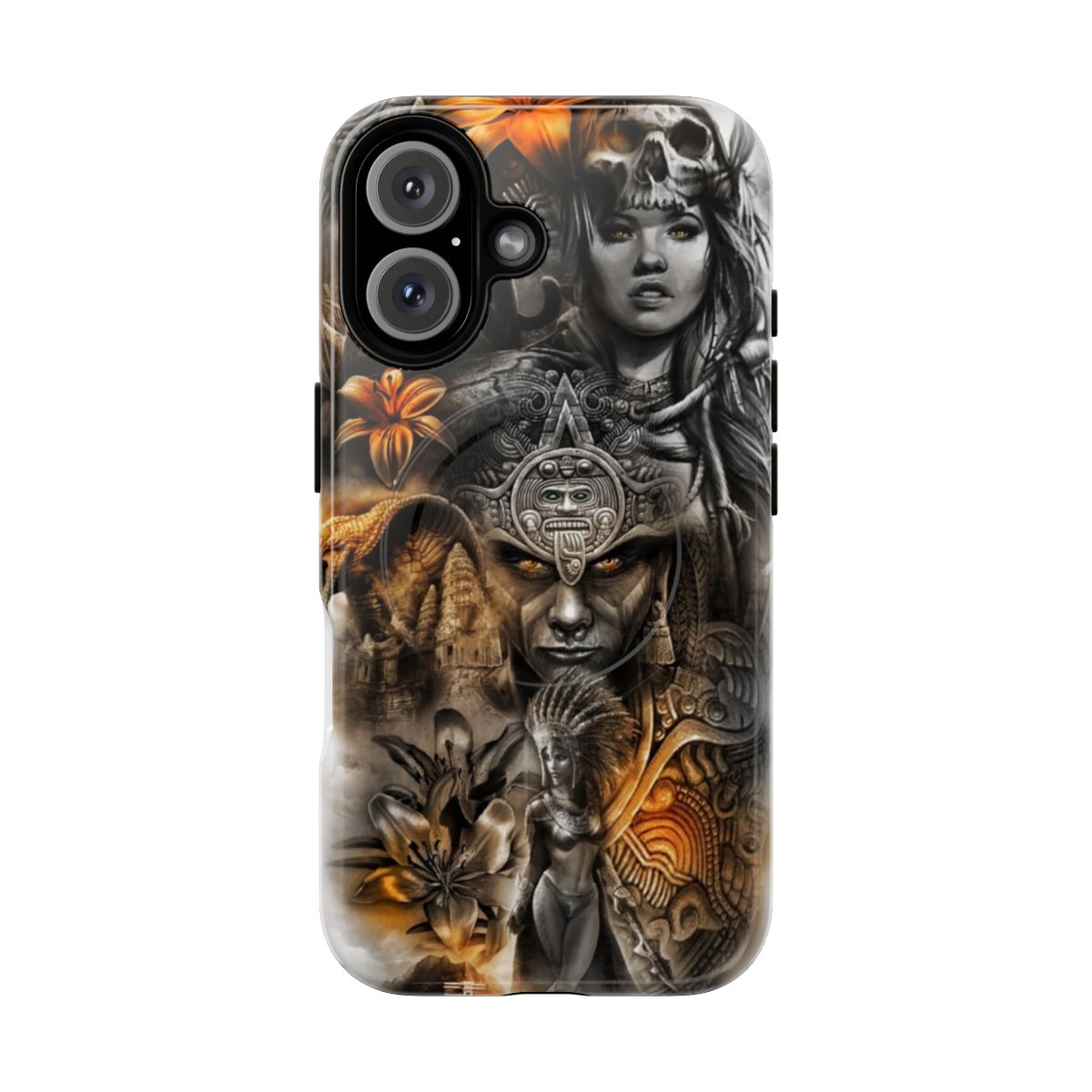 Colorful Aztec and Mayan inspired magnetic phone case design featuring warrior woman, snake, and tribal patterns.