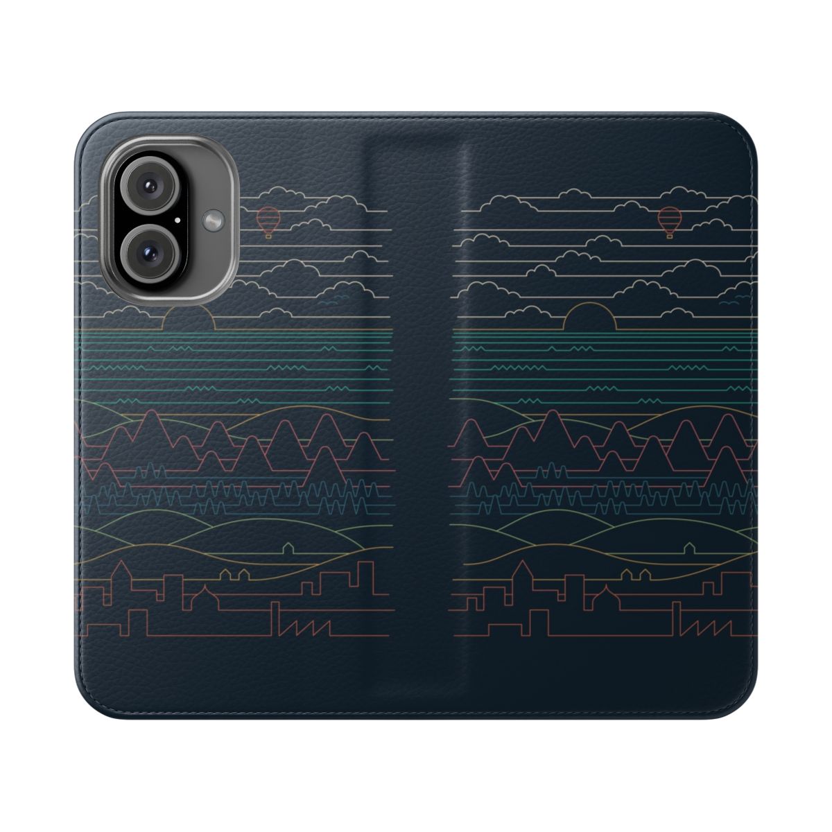 Flip cover phone case with a linear landscape design in pastel colors