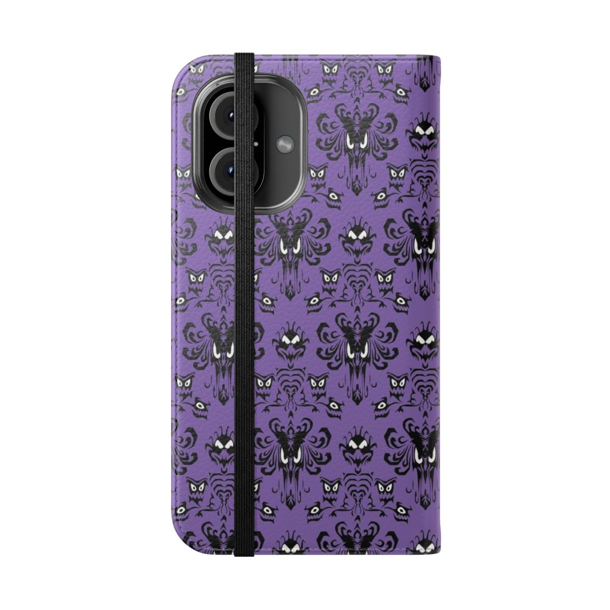 Haunted mansion-themed flip cover phone case with spooky graphics - Folded Front