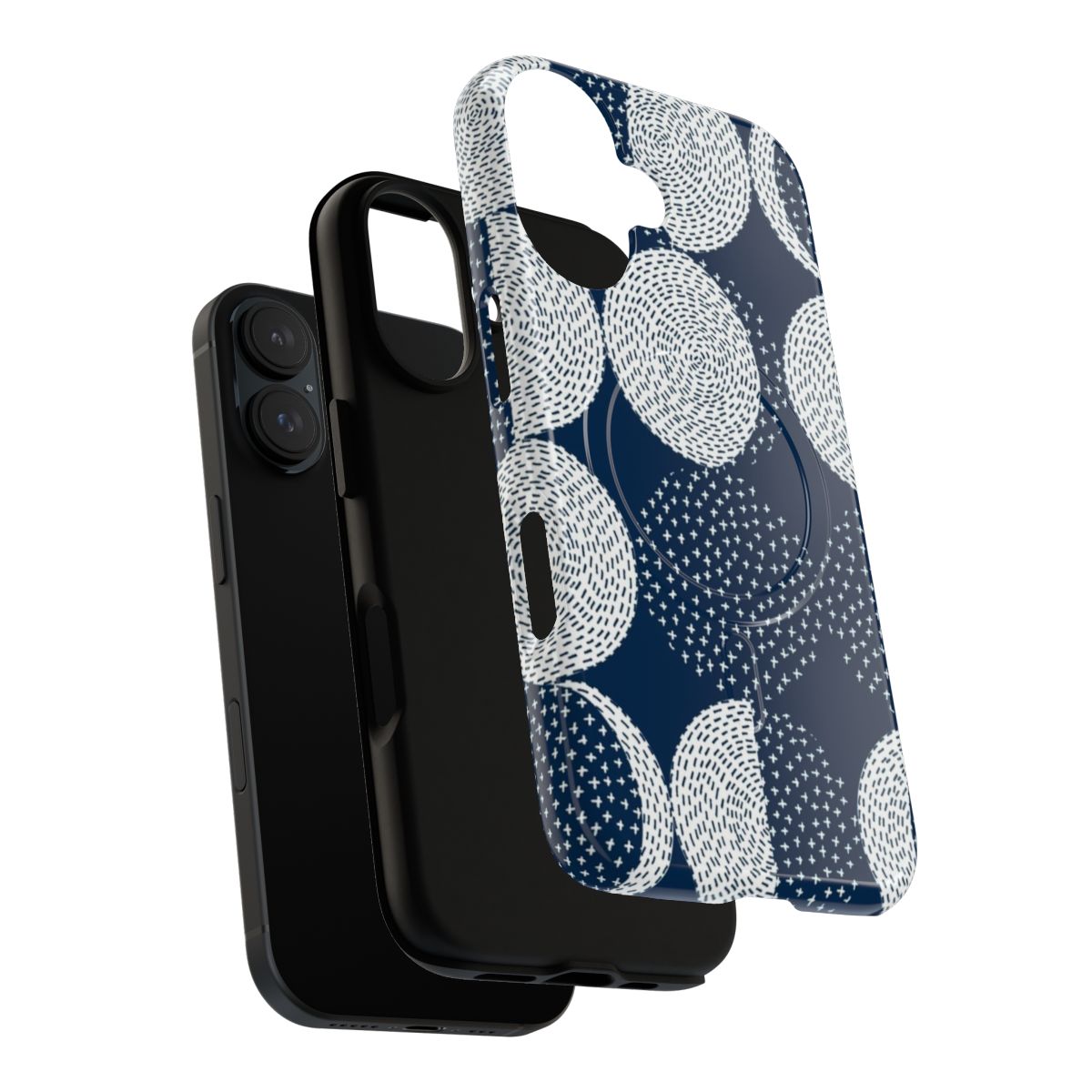 Minimalist phone case with an embroidered moon phases pattern in blue shades - Layers