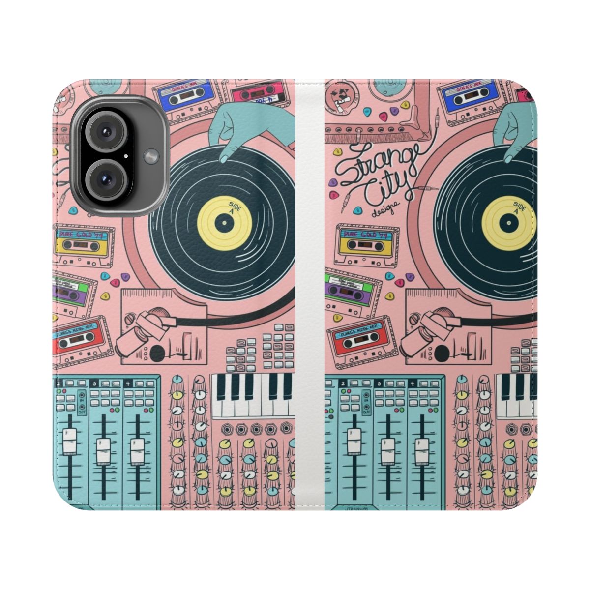 Abstract and surreal phone case with city and music elements