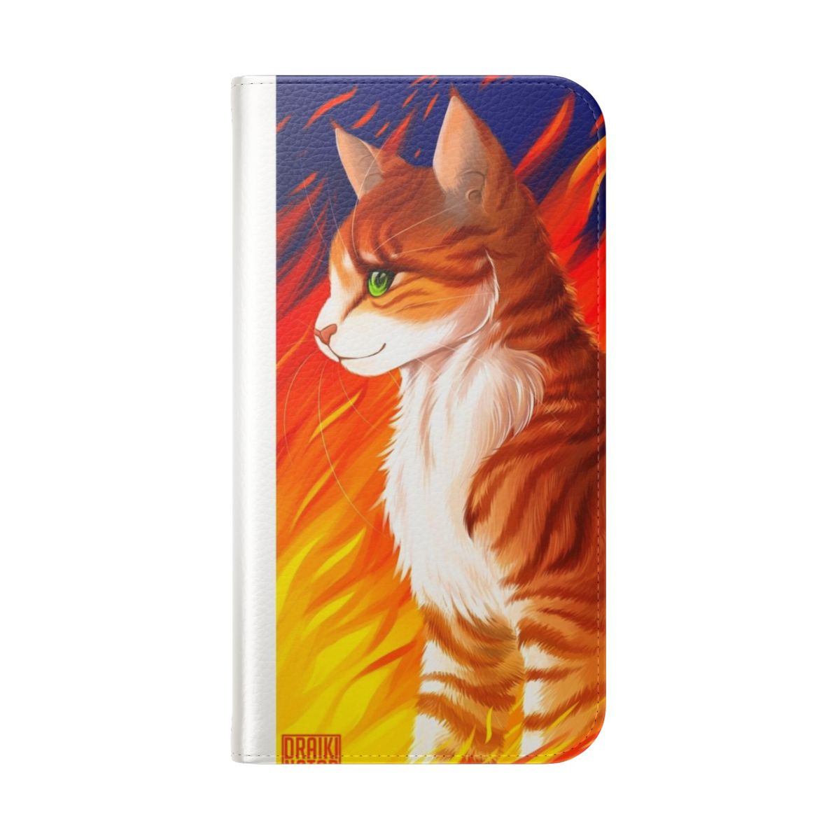 A high-quality flip phone case featuring a printed design inspired by the Warrior Cats character Firestar. - Folded Back