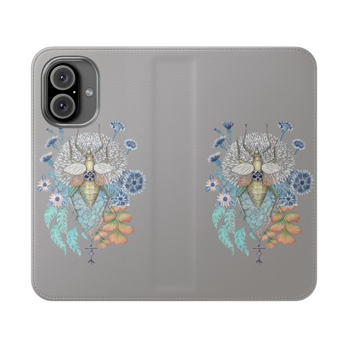 Flip cover phone case featuring a botanical design with a key and nature elements.