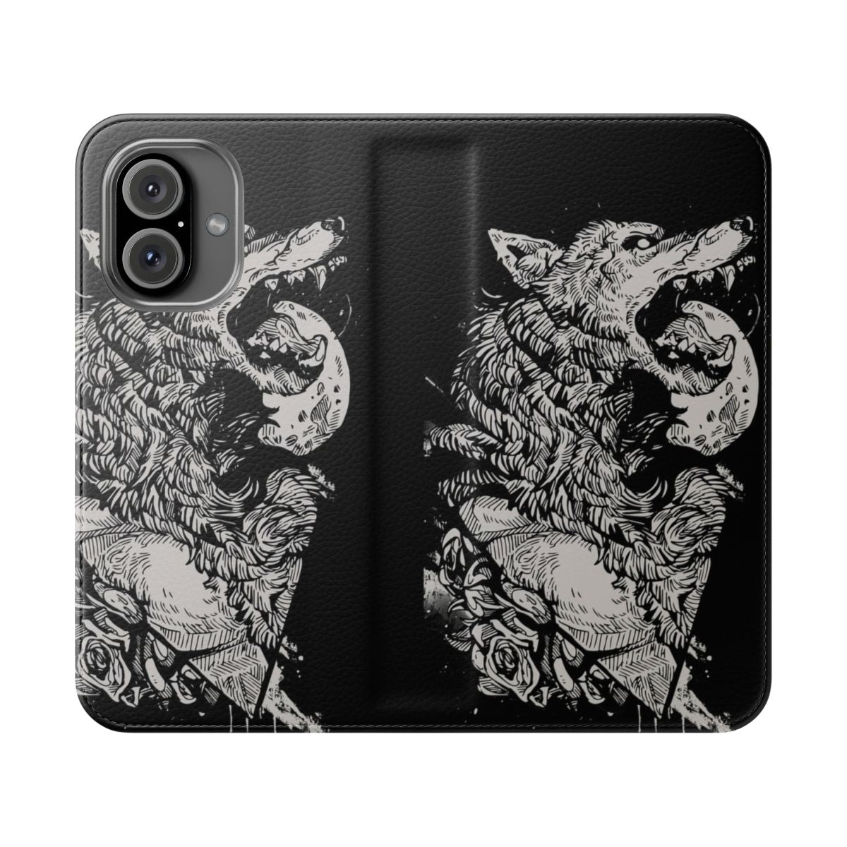 Closeup of a stylish flip cover phone case featuring a detailed werewolf design