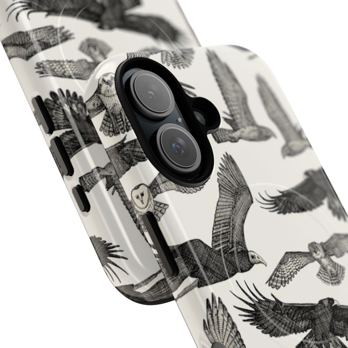 Black and white phone case featuring patterns of various birds of prey such as owls, hawks, and eagles. - Detail