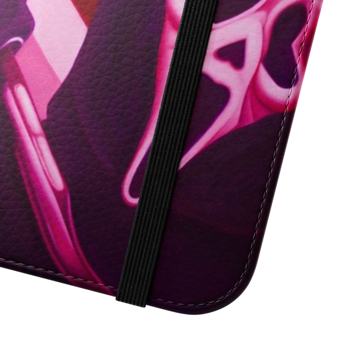 A flip cover phone case featuring a pink heart-shaped eyes design with the Ghostface character from the Scream horror movie franchise. - Close Up